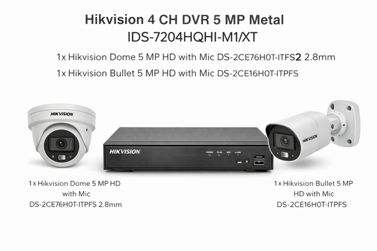 Hikvision 4 Channel 5MP Metal DVR CCTV Kit with 1 Dome & 1 Bullet Camera with Mic – IDS-7204HQHI-M1/XT